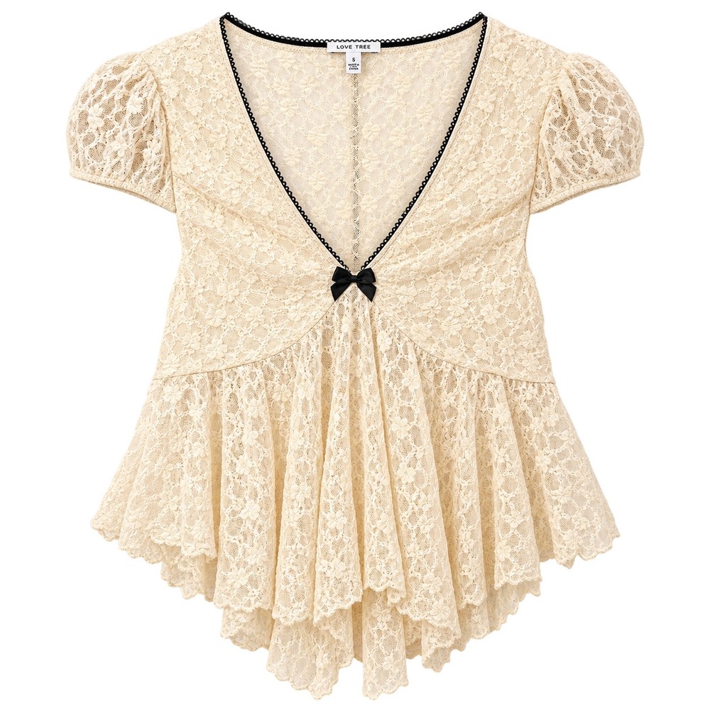 Love Tree Babydoll Lace Peplum Top Womens Size S Cream Floral Bow Y2K Coquette